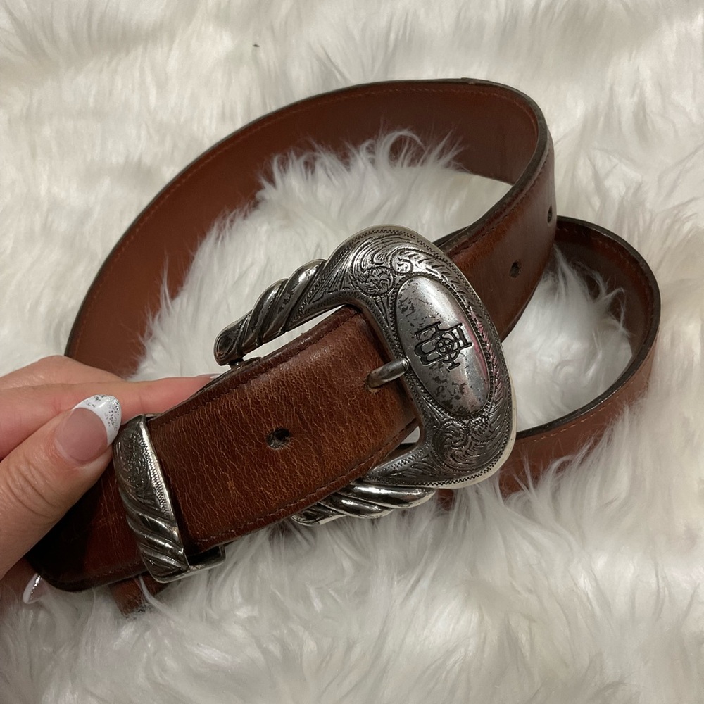 Lucchese Brown Leather Western Belt with Engraved Silver Buckle
